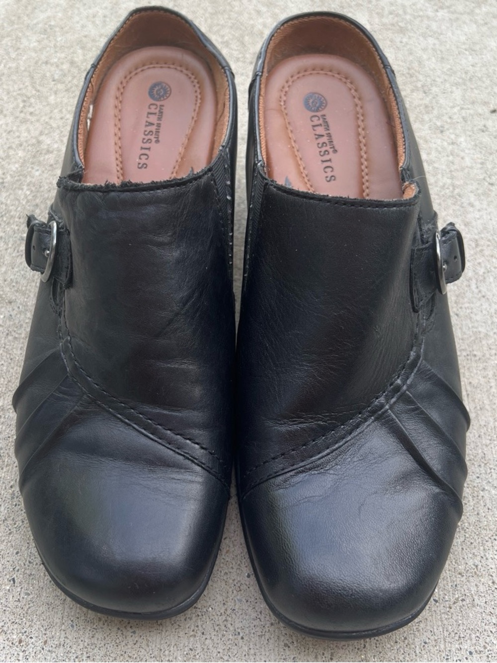 Earth Spirit Black Leather Slip-On Clogs Mules Side Buckle Womens SZ 9